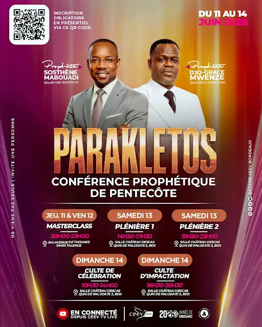 Affiche officielle PARAKLETOS - Conférence prophétique de Pentecôte 11 au 14 juin 2026 à Bordeaux