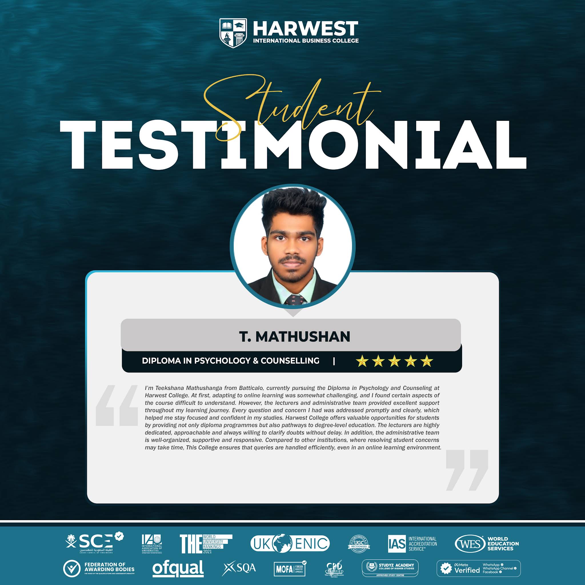STUDENT TESTIMONIAL DIPLOMA IN PSYCHOLOGY AND COUNSELLING 