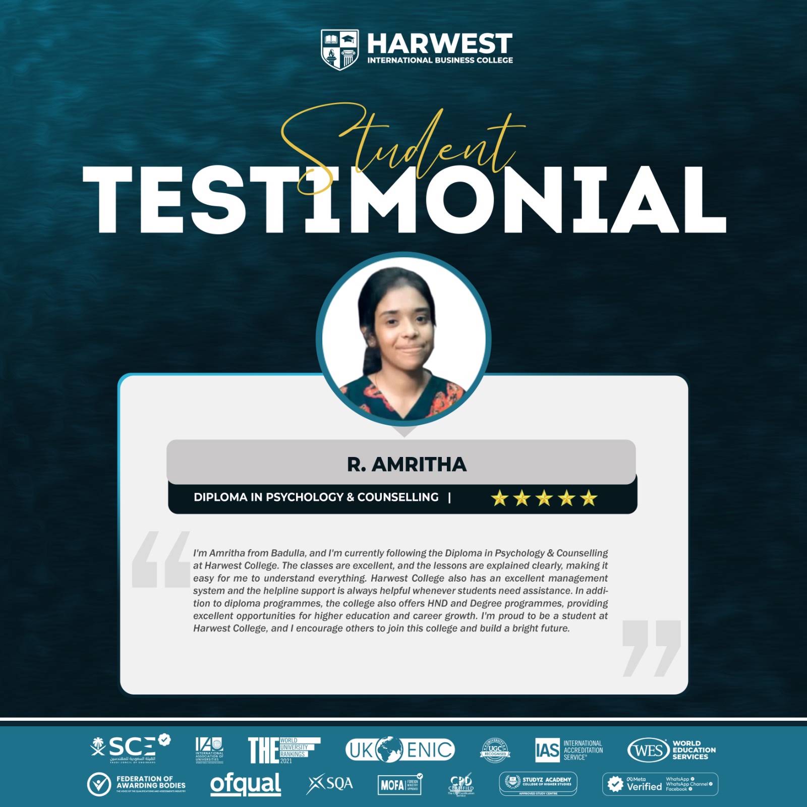 STUDENT TESTIMONIAL DIPLOMA IN PSYCHOLOGY AND COUNSELLING COURSE