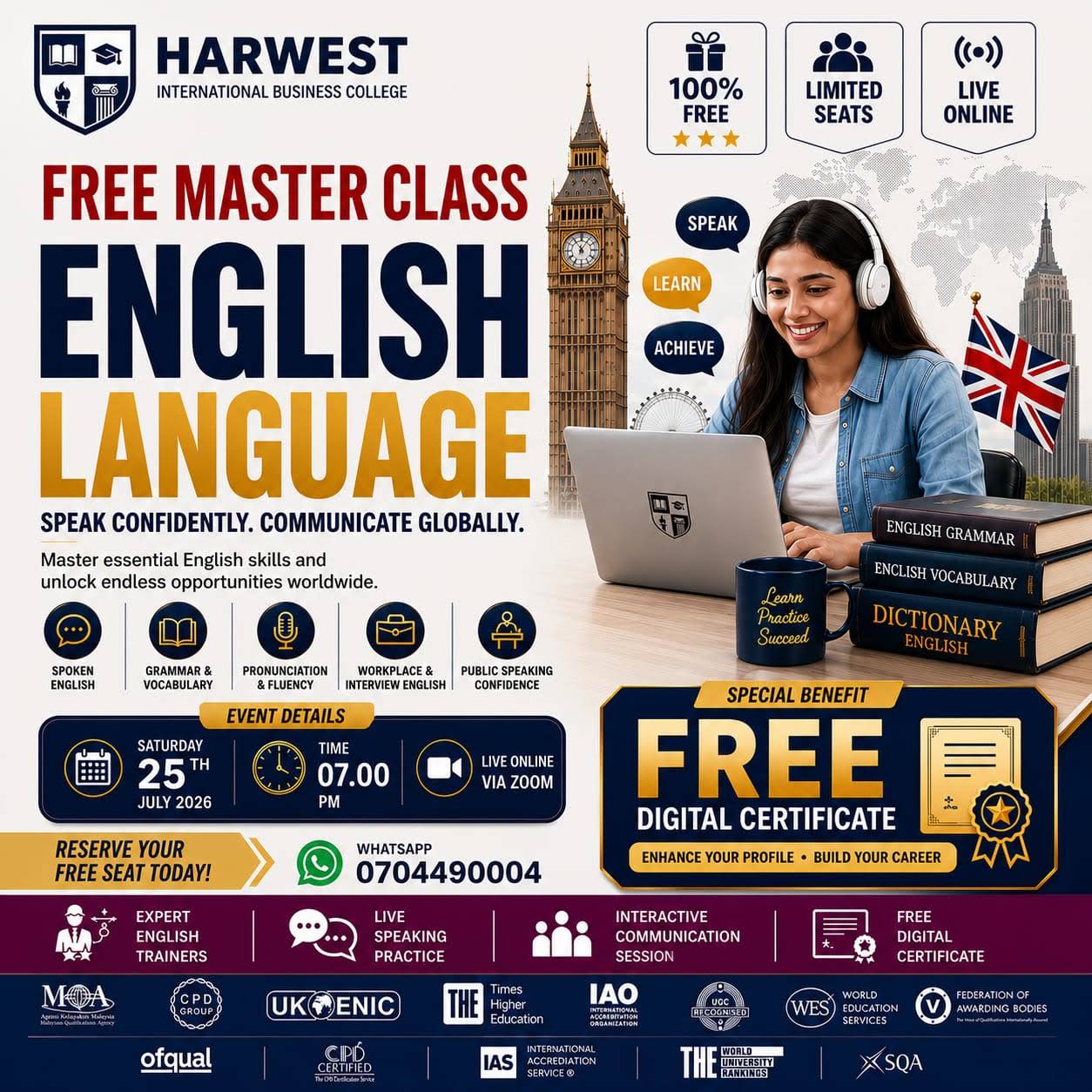 ONE DAY FREE ENGLISH LANGUAGE MASTER CLASS AND FREE CERTIFICATE
