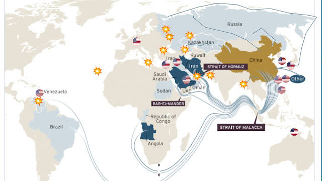 Global geopolitical map highlighting key regions and maritime chokepoints
