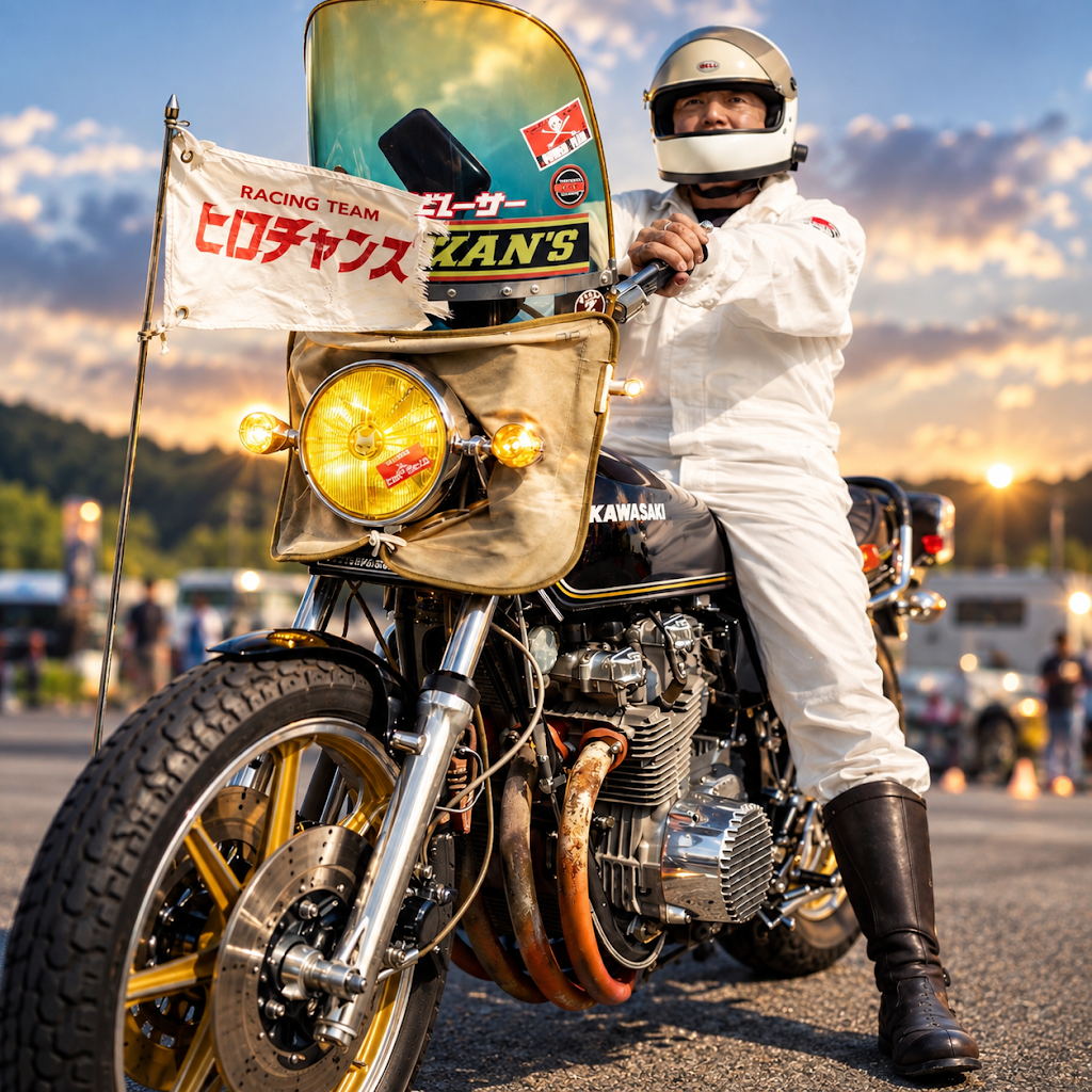 Kawasaki 半帽　ヘルメット Z400FX コルク　タイガー　FX KAWASAKI Z400FX。 このスタイル、この立ち姿。 まるで昭和がそのまま