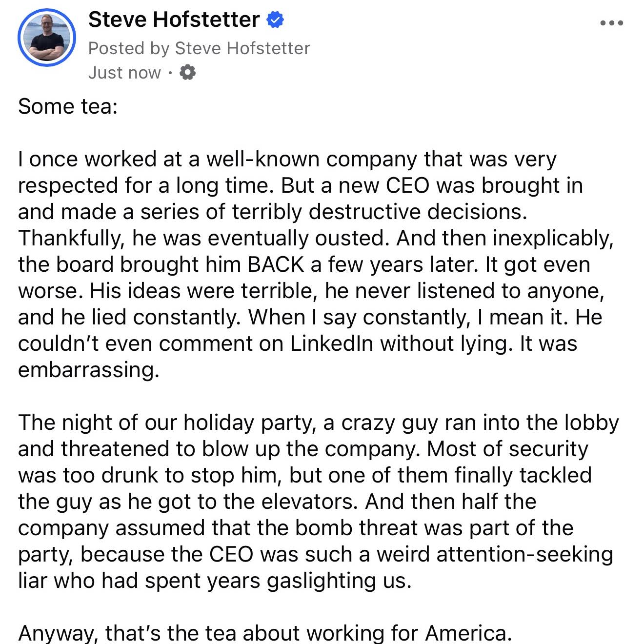 Post from Steve Hofstetter