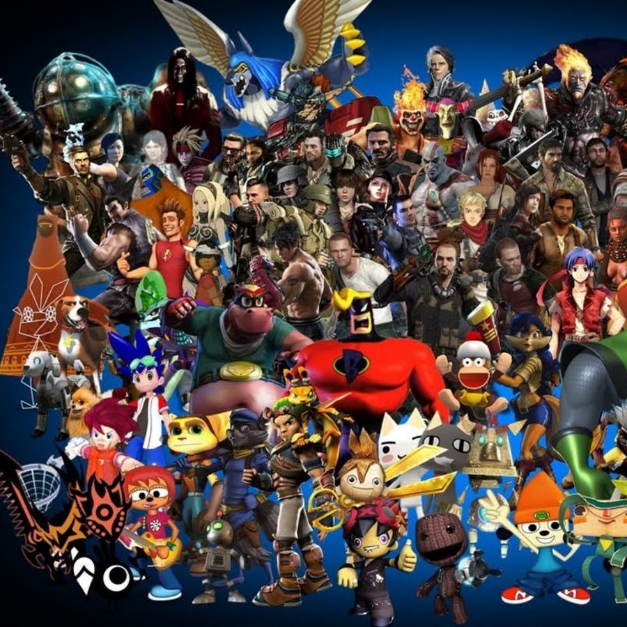 5 знаменитых игр. Персонажи всех игр. Куча разных игр. Много персонажей из игр. Фон с разными играми.