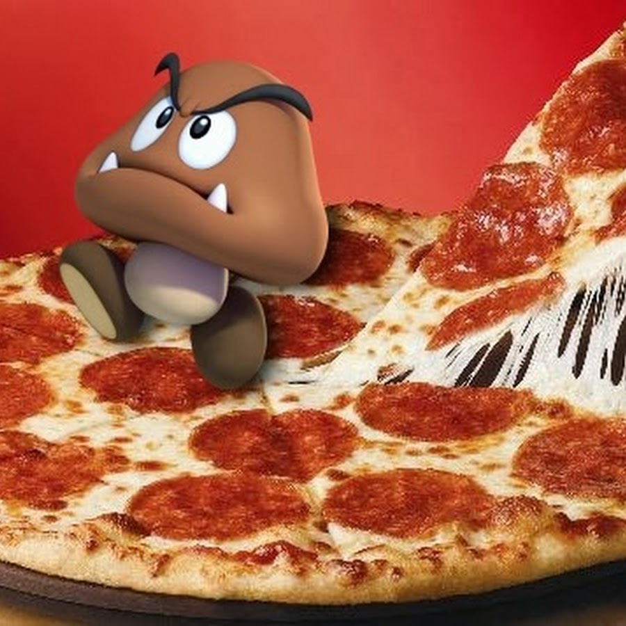 Goomba Pizza serves burgers, including the Goomba Burger with bacon and cheese.