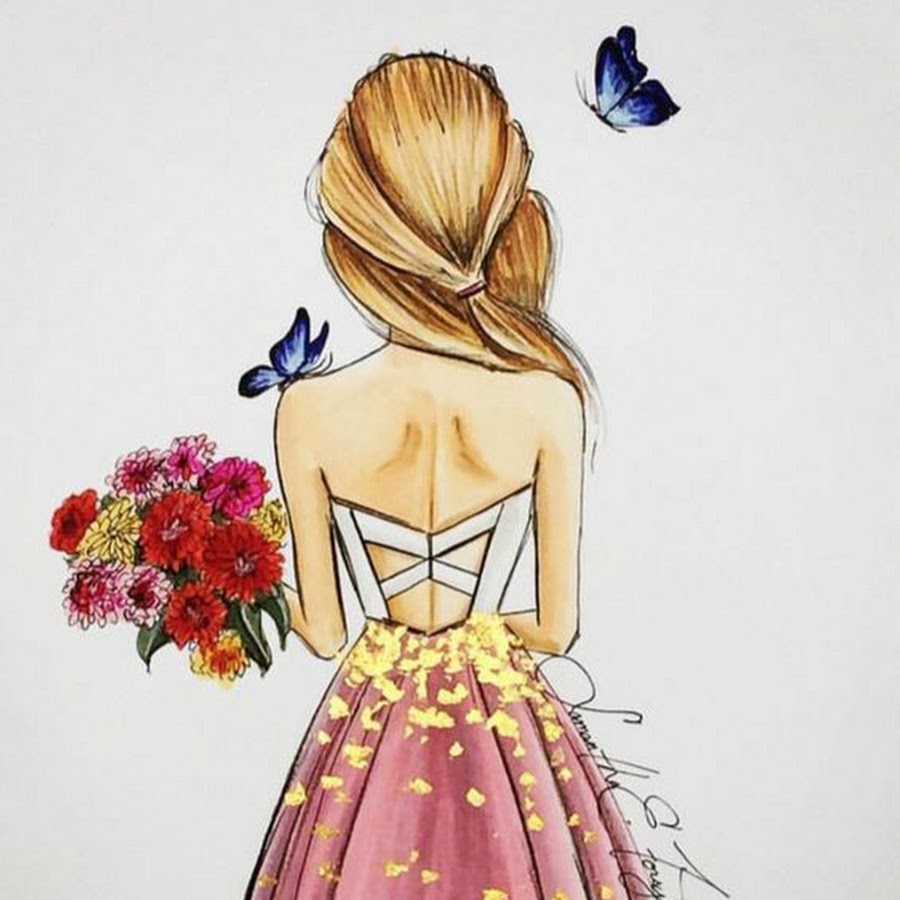 Девочка в платье со спины рисунок