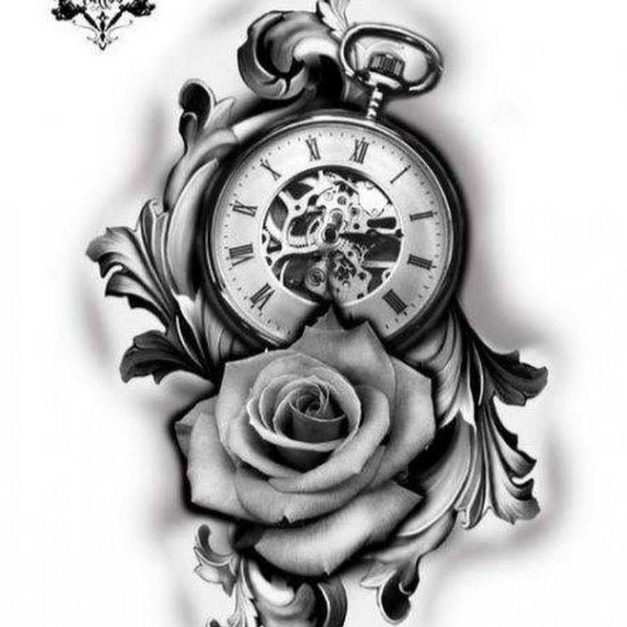 Эскиз тату часы с розами