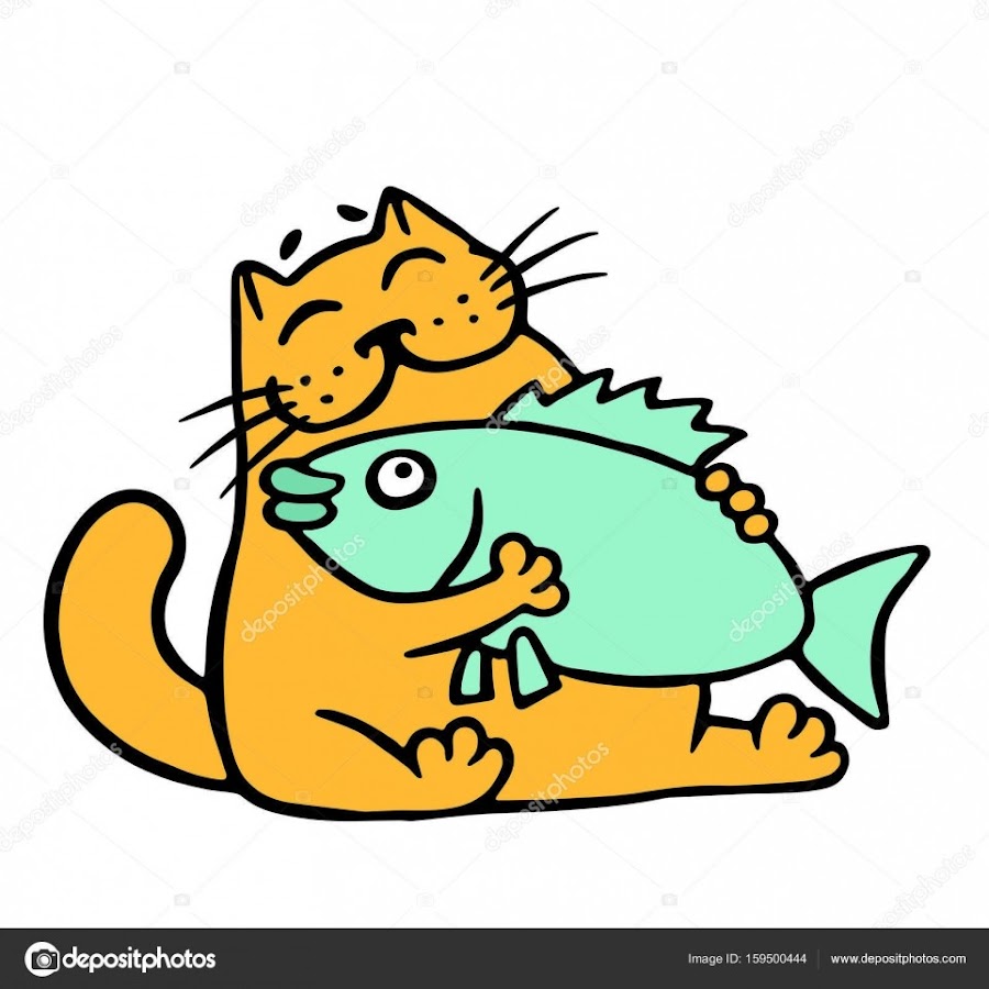 Кот обнимает рыбу