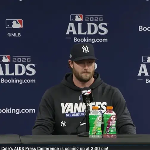 Gerrit Cole habla con los medios antes del Juego 1 del ALDS entre Yankees y Rays