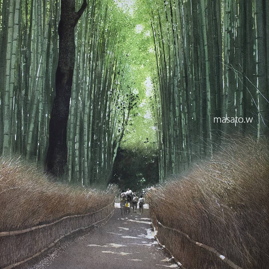 水彩画( 竹林のある屋敷)木製フレーム付き 楽天市場】嵐山の景色1 6枚セット ( 竹林の小径 嵯峨野