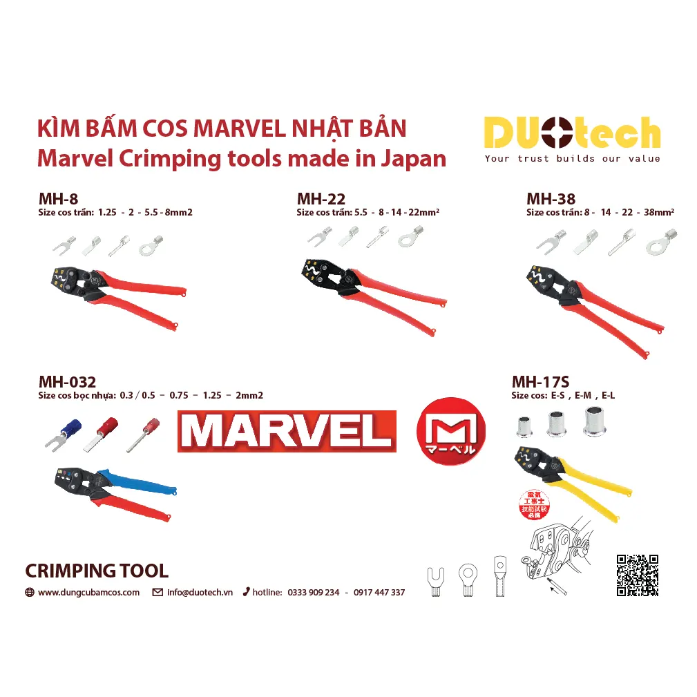 Kìm bấm cos Marvel MH-032 MH-5S MH-8 MH-14 MH-22 MH-38 MH-128 MH-17S Nhật Bản bóp cơ bằng tay có trợ lực cho đầu cos trần và có không bọc nhựa kiểu bấm điểm hiện số size cos 0.3mm2 0.5mm2 1.25mm2 2mm2 3.5mm2 5.5mm2 8 14mm2 22mm2 38mm2