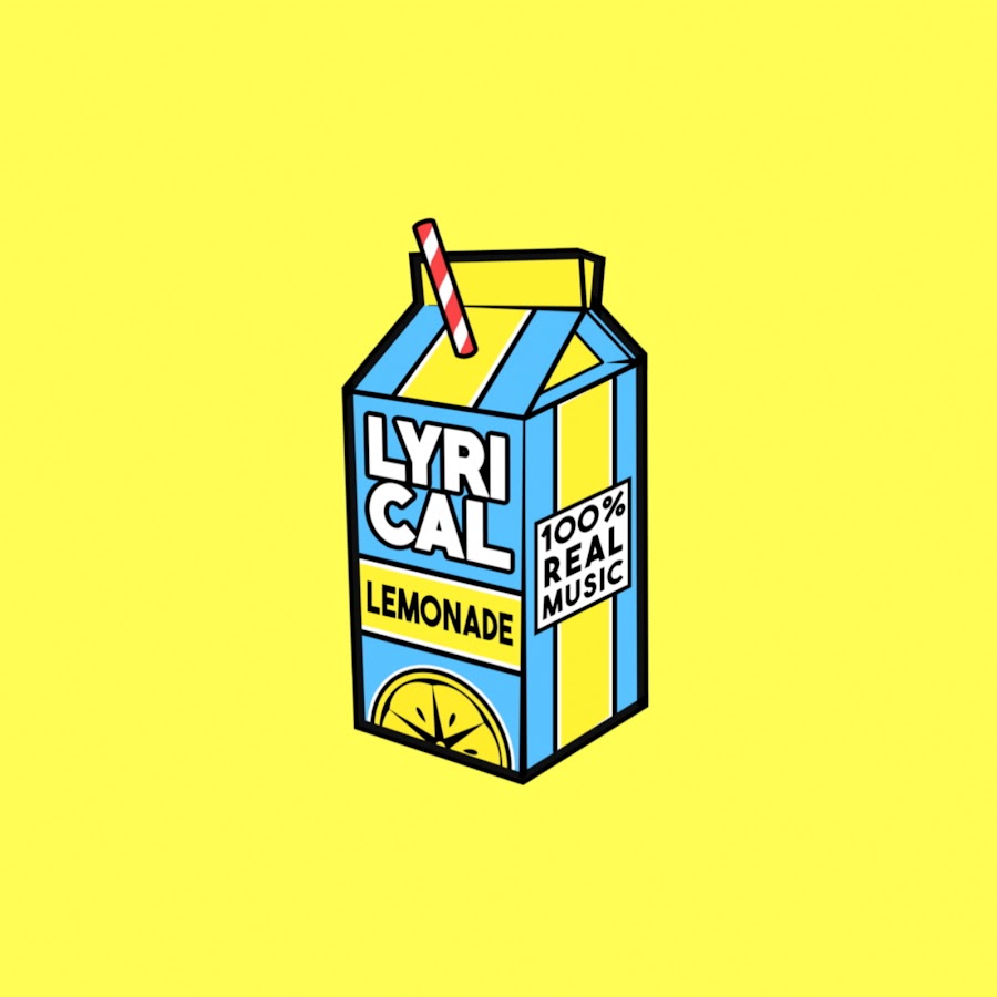 Logo for Lyrical Lemonade, a multimedia company by Cole Bennett. The background is bright neon yellow. In the center, there is a carton of lemonade. It is a combination of baby blue and yellow. In the top, there is a red and white striped straw. The carton reads "Lyrical Lemonade." On the side of the carton it reads: "100% Real Music "in black text surrounded by a white square.