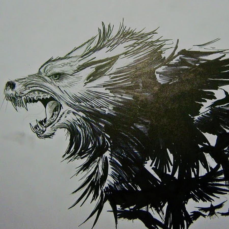 Тату эскиз волк с вороном