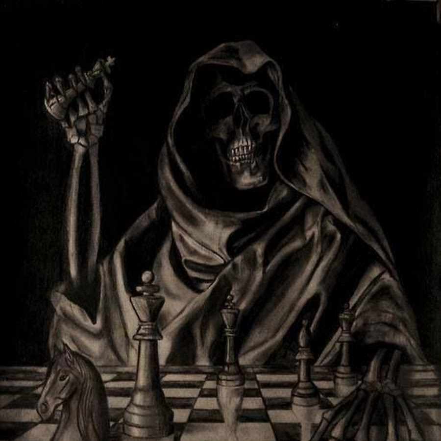 Жить в ожидании смерти. Шахматы со смертью. Игра в шахматы со смертью. Шахматы со смертью картина. Мрачные шахматы.