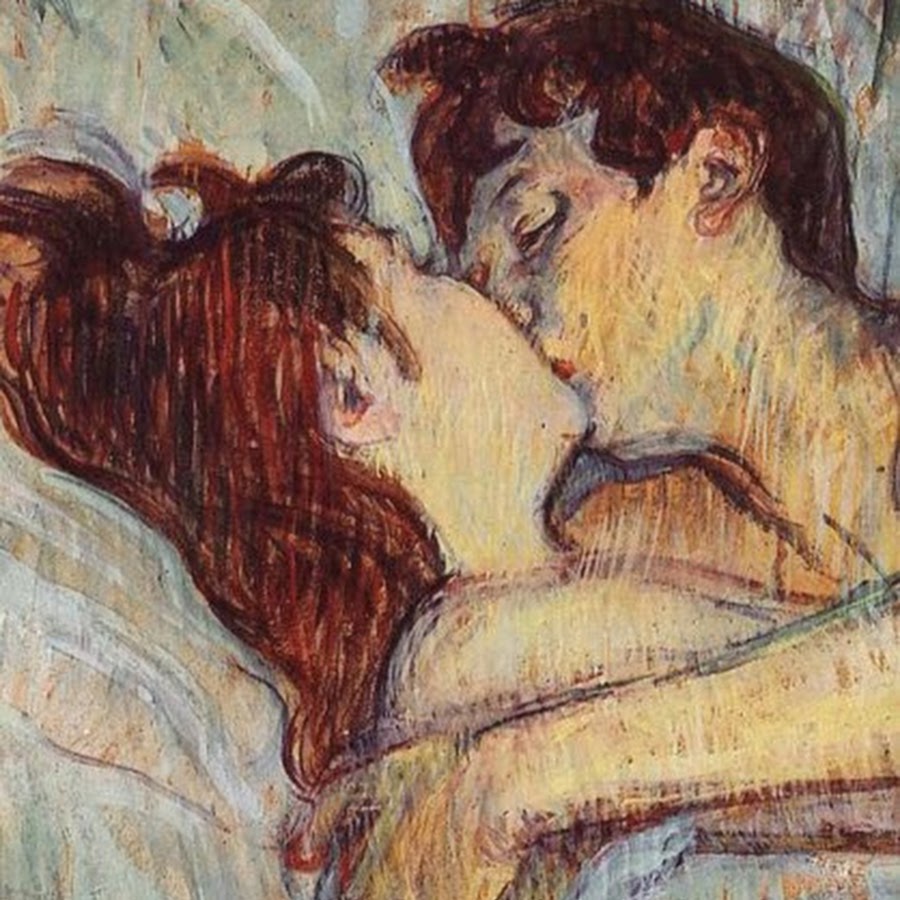 Картина где мужчина целует женщину на желтом фоне