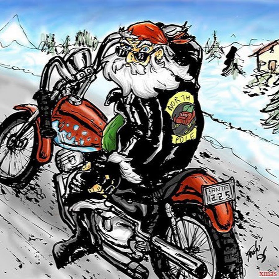 Новогодний байкер. С новым годом мотокросс. Мотоцикл зимой. Дед мороз на мотоцикле. С наступающим мото.